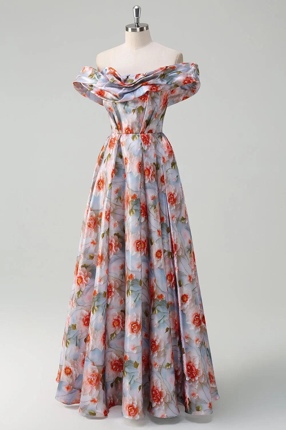 Blue Red Flower A Line Off The Shoulder Ruched Long Prom Dress sold by Zapaka product image thumbnail 3