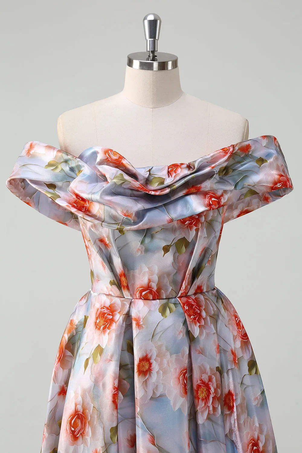 Blue Red Flower A Line Off The Shoulder Ruched Long Prom Dress sold by Zapaka product image thumbnail 4