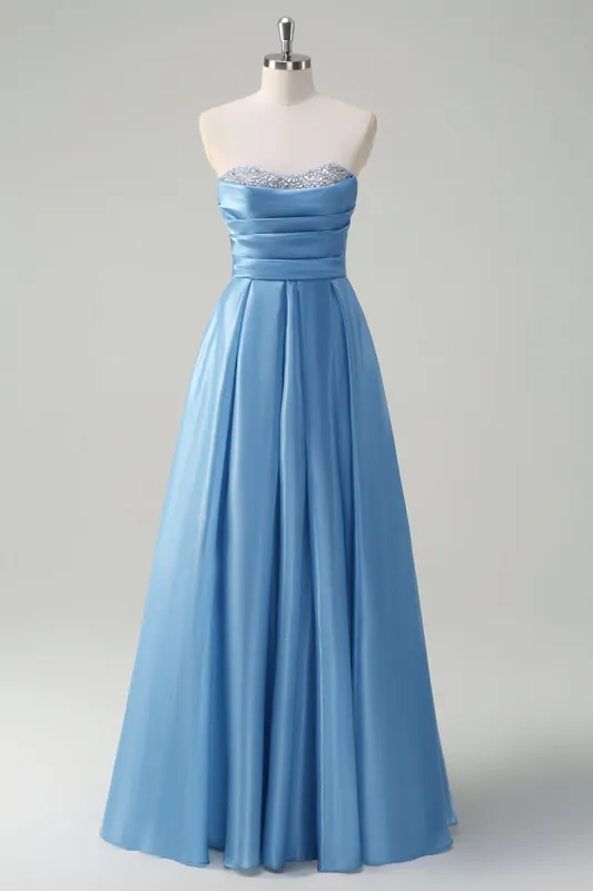 Blue A Line Strapless Pleated Corset Tiered Long Prom Dress with Sequins sold by Zapaka