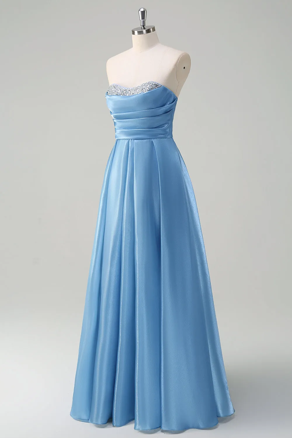 Blue A Line Strapless Pleated Corset Tiered Long Prom Dress with Sequins sold by Zapaka product image thumbnail 3