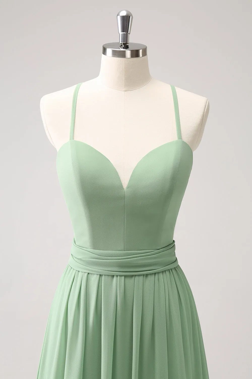 Dusty Sage A-Line Lace Up Back Long Bridesmaid Dress with Slit sold by Zapaka product image thumbnail 4