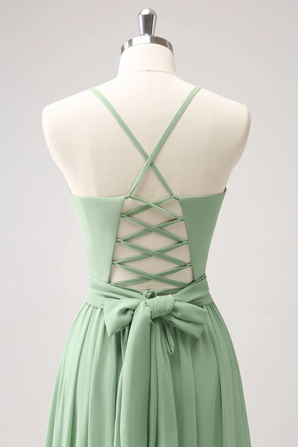Dusty Sage A-Line Lace Up Back Long Bridesmaid Dress with Slit sold by Zapaka product image thumbnail 5