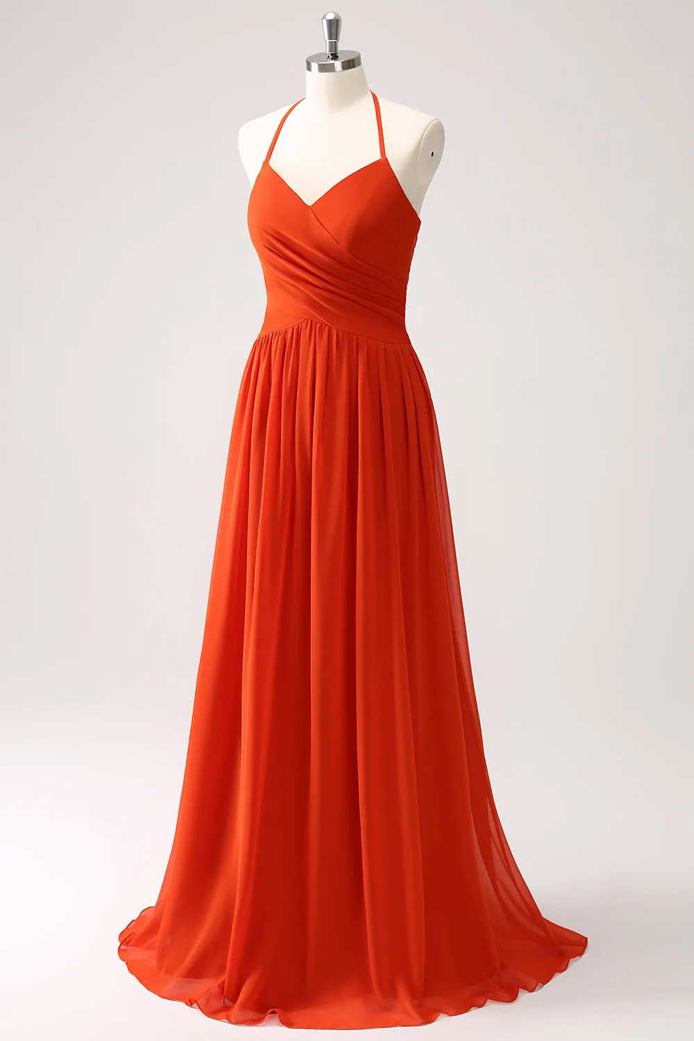 Orange A-Line Halter Ruched Long Bridesmaid Dress sold by Zapaka product image thumbnail 3