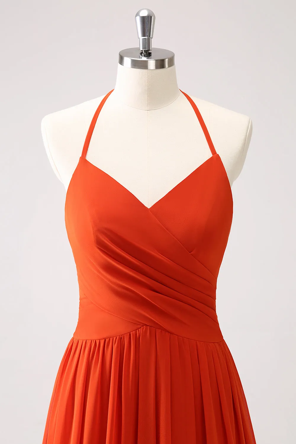 Orange A-Line Halter Ruched Long Bridesmaid Dress sold by Zapaka product image thumbnail 4