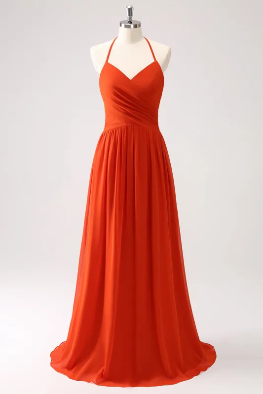 Orange A-Line Halter Ruched Long Bridesmaid Dress sold by Zapaka