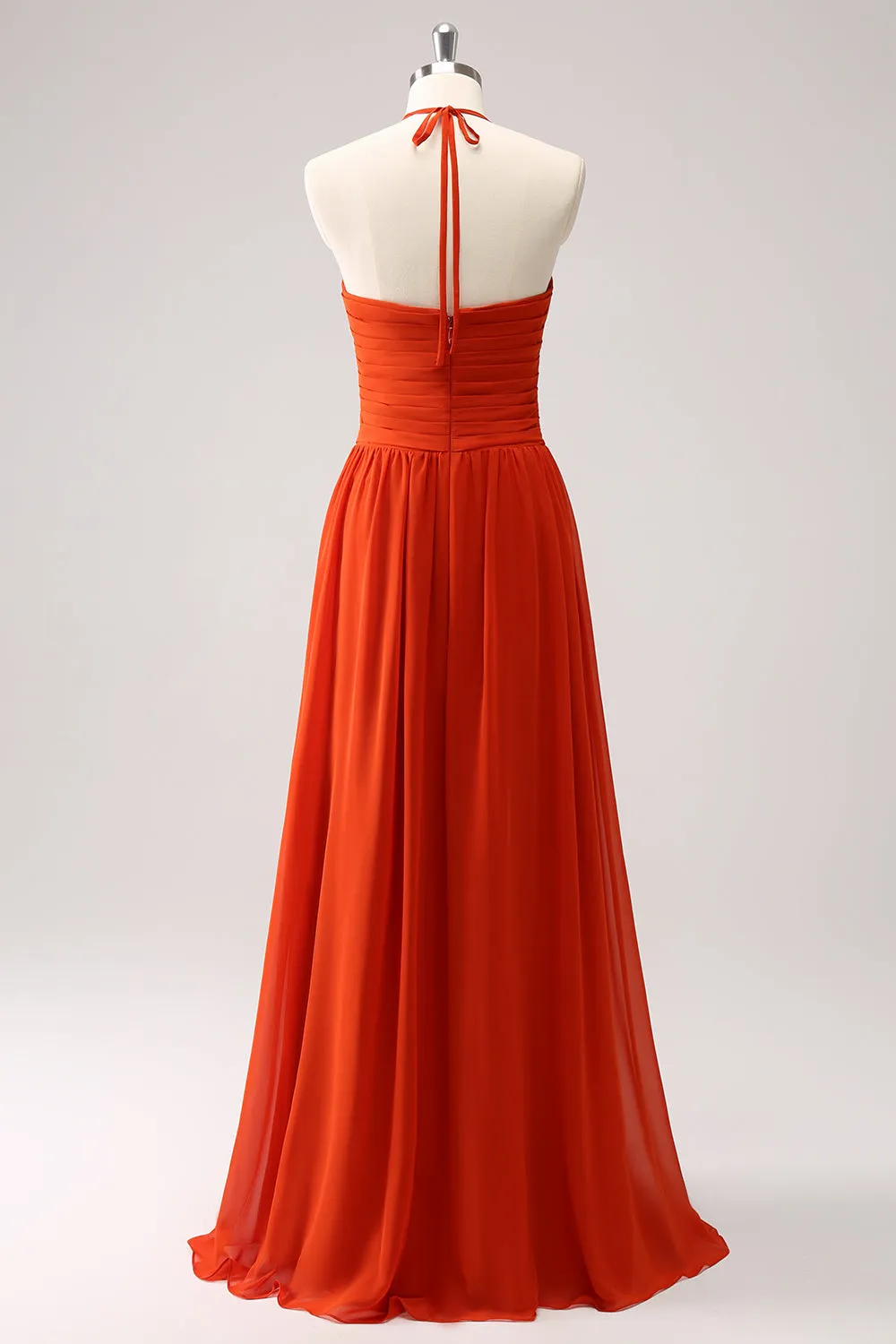 Orange A-Line Halter Ruched Long Bridesmaid Dress sold by Zapaka product image thumbnail 2