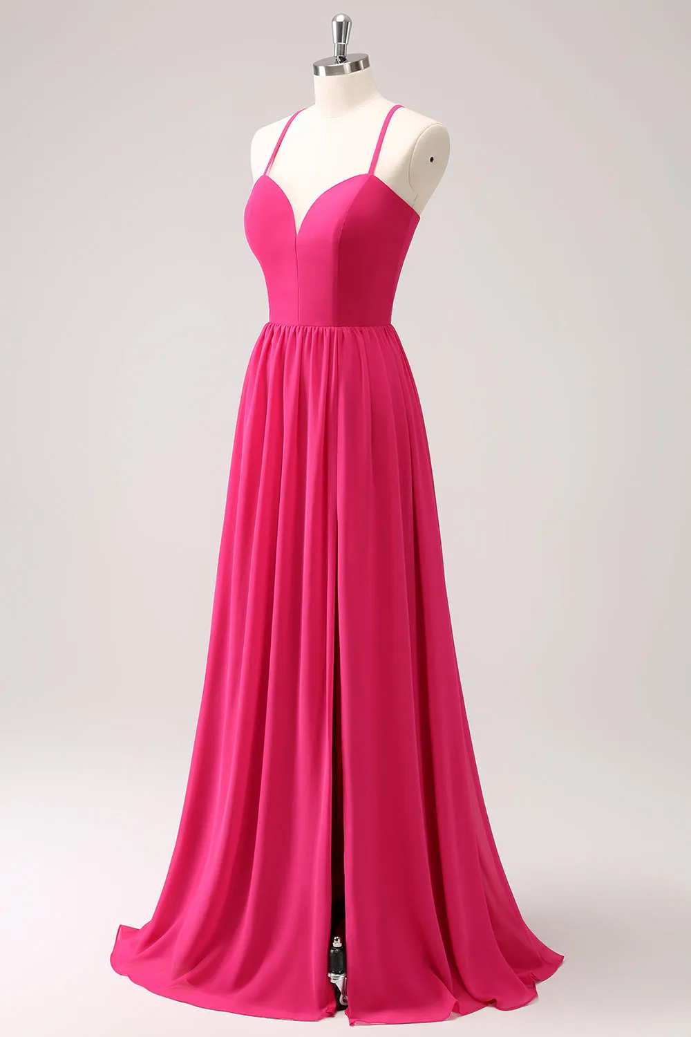Fuchsia Spaghetti Straps Chiffon Long Bridesmaid Dress with Slit sold by Zapaka product image thumbnail 3