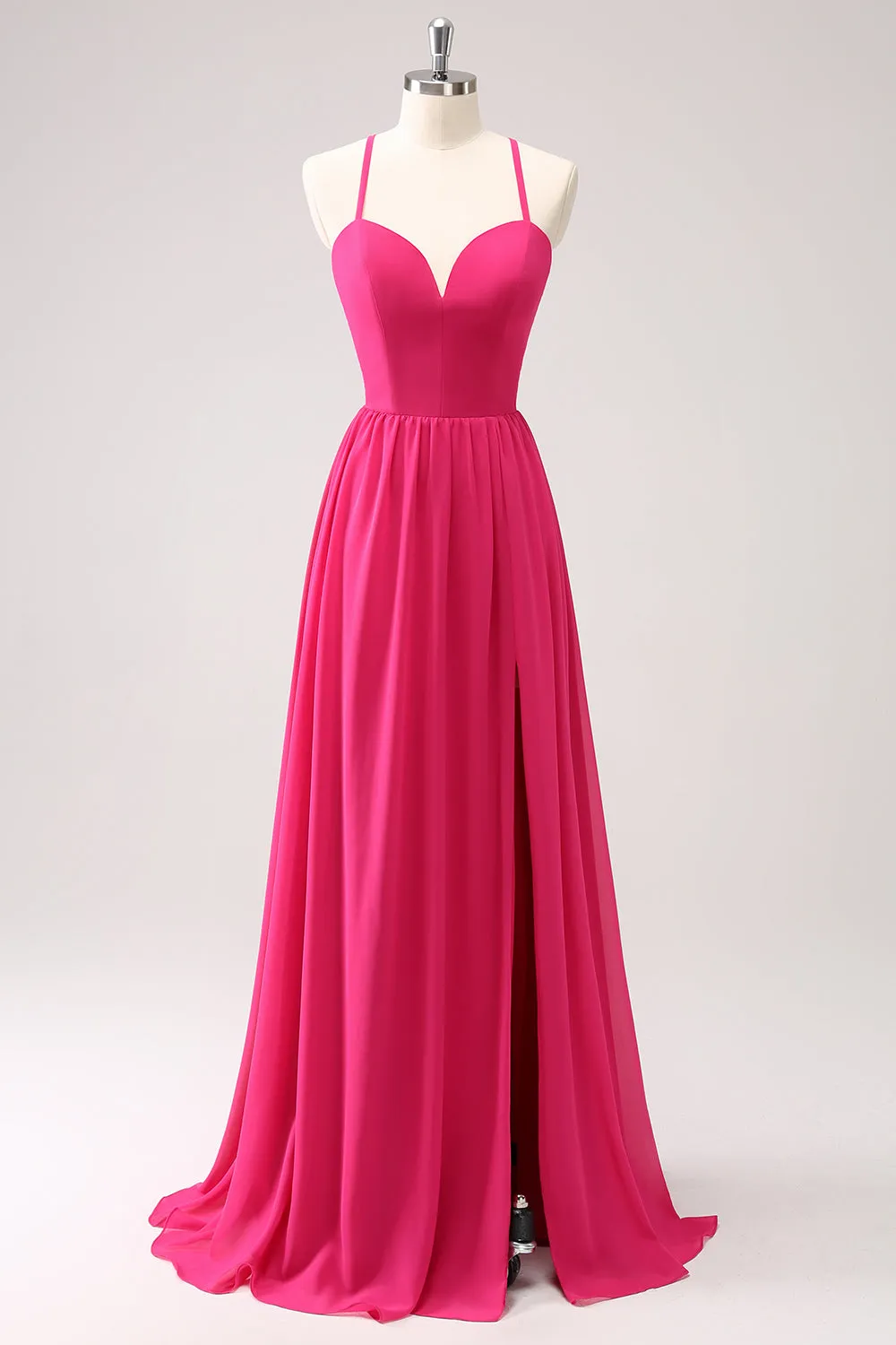 Fuchsia Spaghetti Straps Chiffon Long Bridesmaid Dress with Slit sold by Zapaka