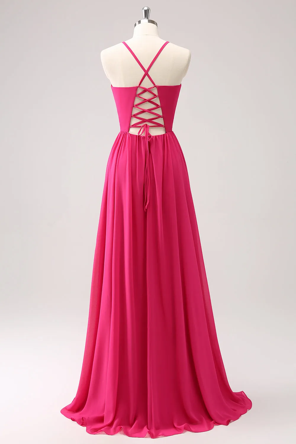 Fuchsia Spaghetti Straps Chiffon Long Bridesmaid Dress with Slit sold by Zapaka product image thumbnail 2