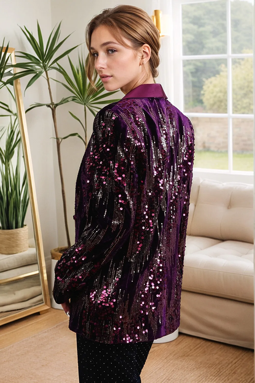 Sparkly Purple Shawl Lapel Sequins Prom Blazer sold by Zapaka product image thumbnail 3