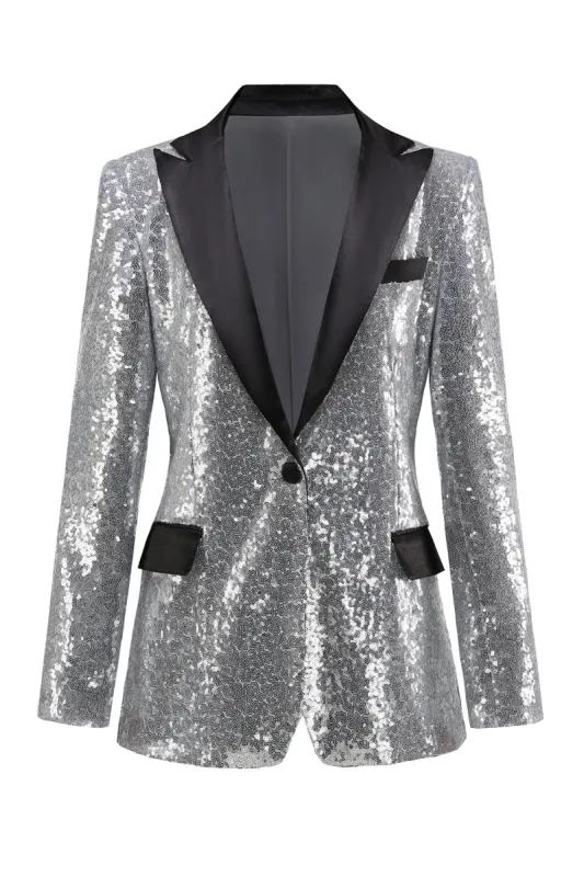 Sparkly Silver Black Peak Lapel Women's Prom Blazer sold by Zapaka