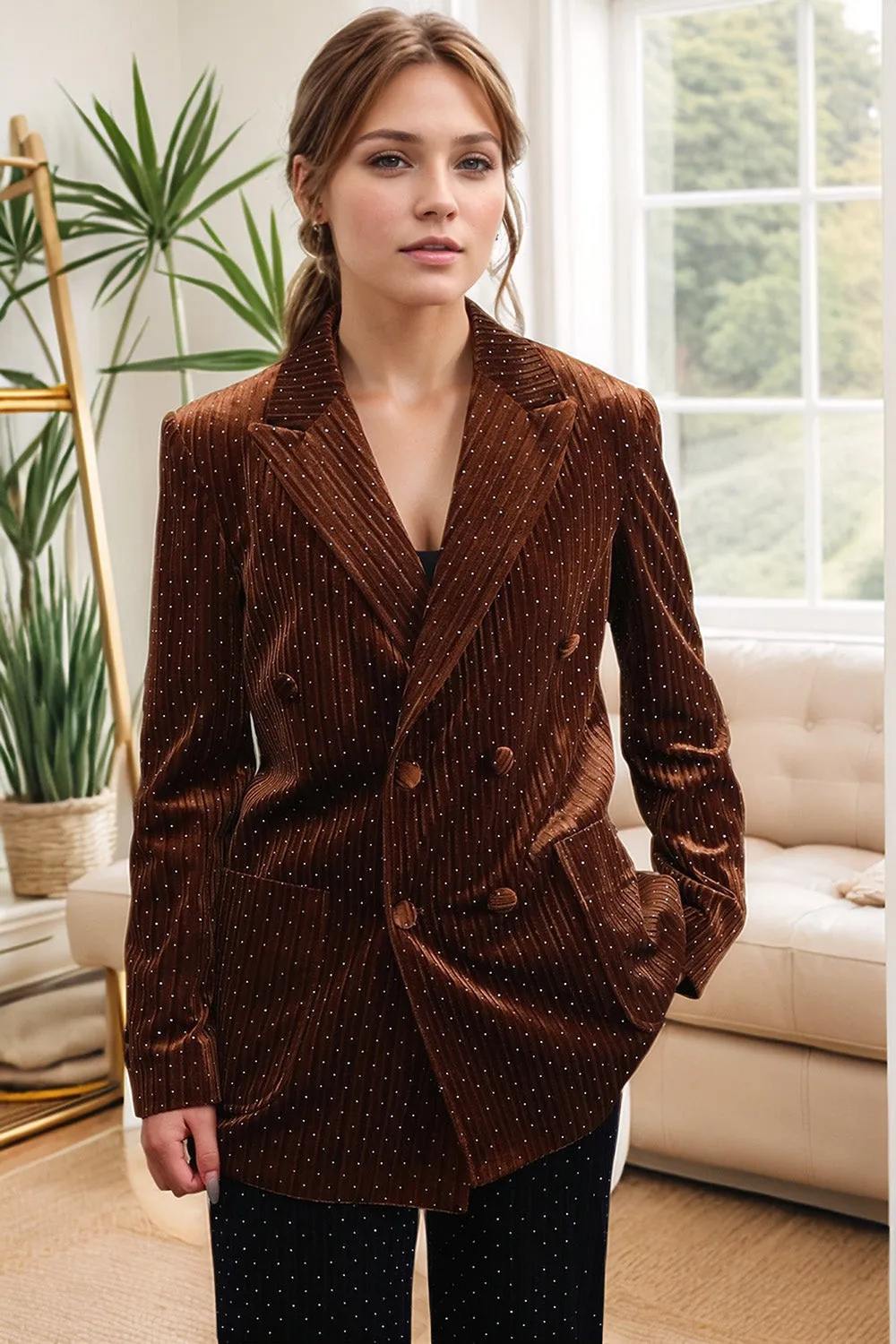 Coffee Peak Lapel Velvet Double Breasted Blazer sold by Zapaka product image thumbnail 3