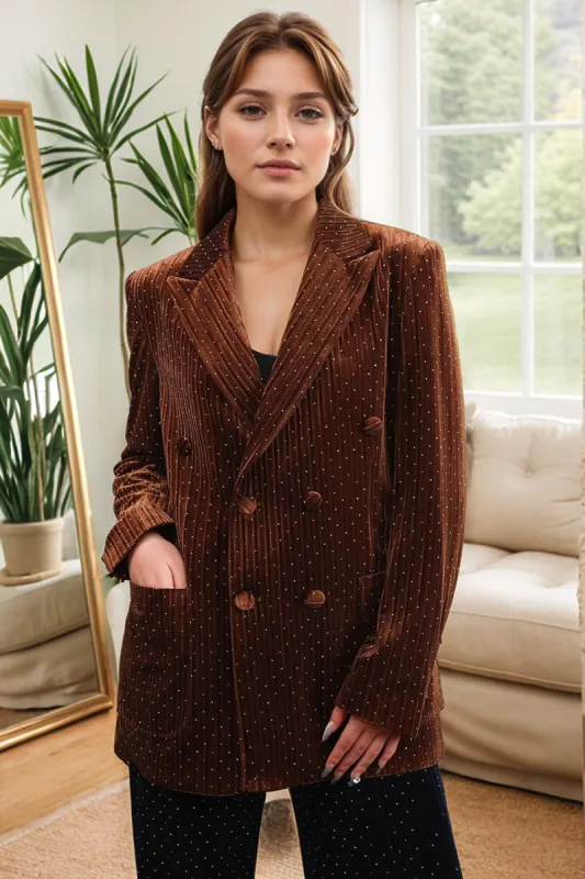 Coffee Peak Lapel Velvet Double Breasted Blazer sold by Zapaka