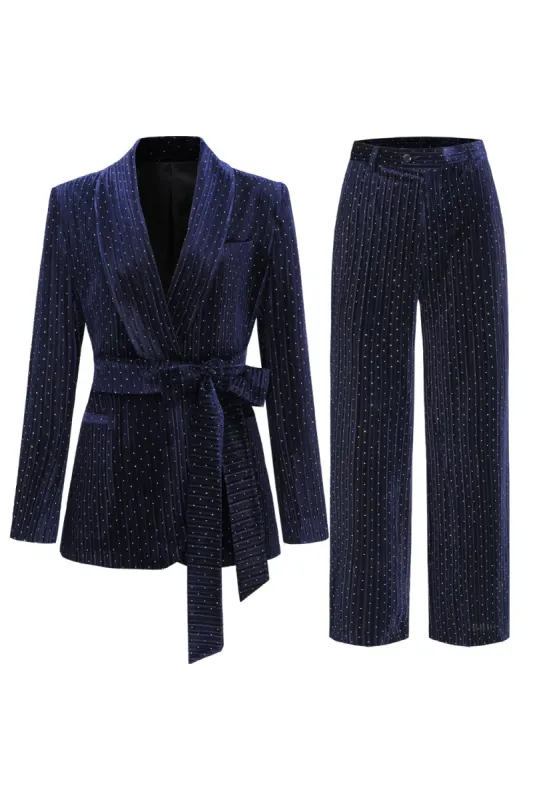 2 Pieces Shawl Lapel Navy Women's Suits with Belt sold by Zapaka