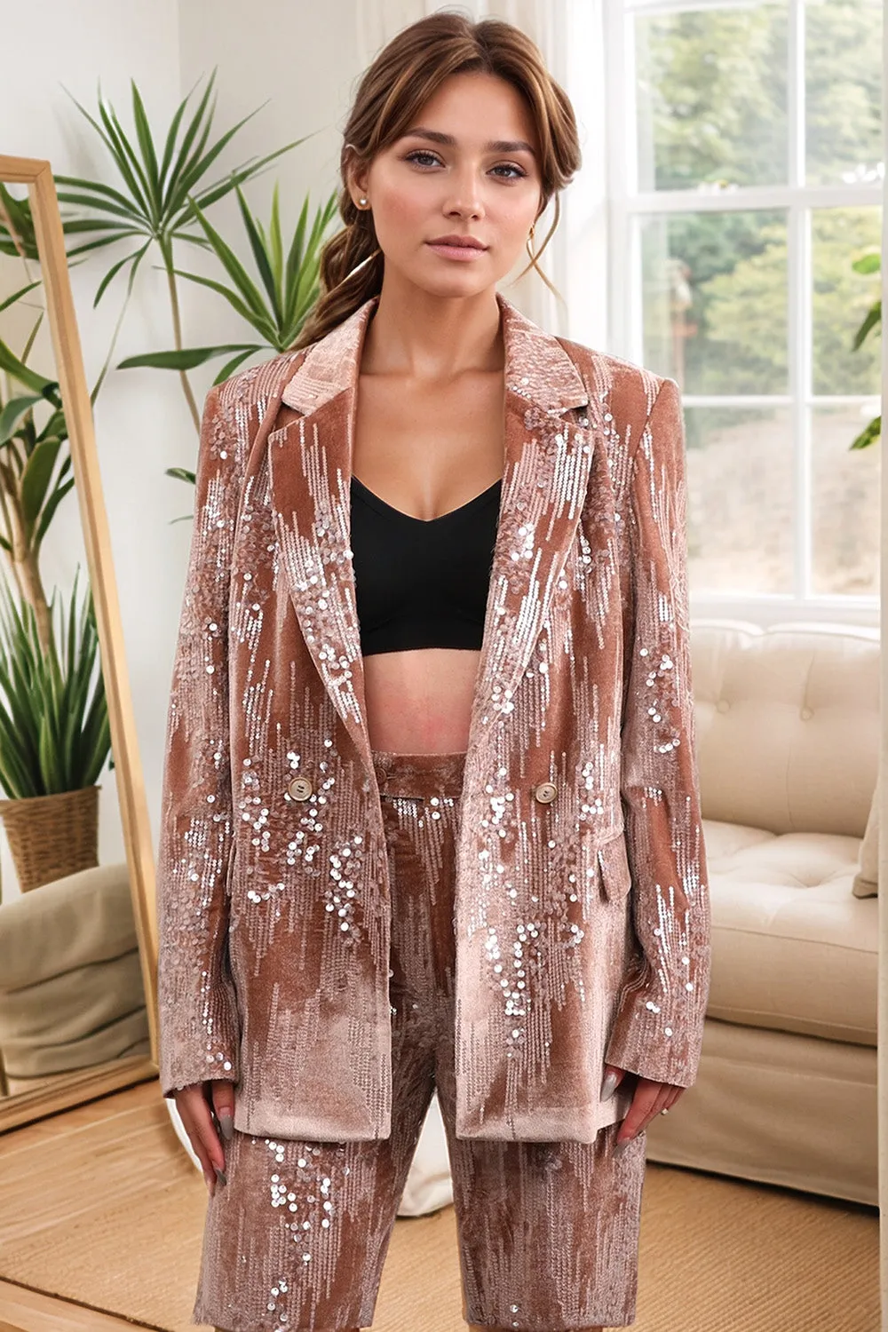 Dusty Rose Velvet Notched Lapel Sequins 2 Pieces Suits sold by Zapaka product image thumbnail 3