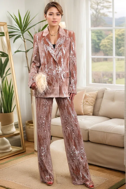 Dusty Rose Velvet Notched Lapel Sequins 2 Pieces Suits sold by Zapaka