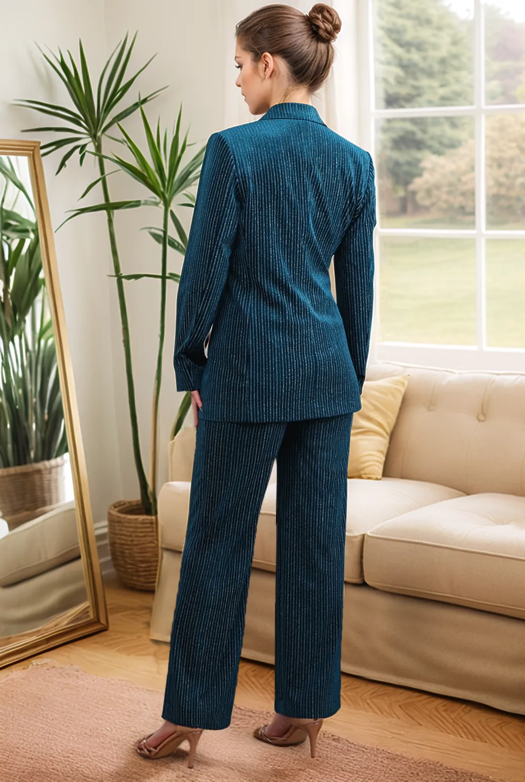 Peacock Blue Stripes Notched Lapel 2 Pieces Suits with Belt sold by Zapaka product image thumbnail 3