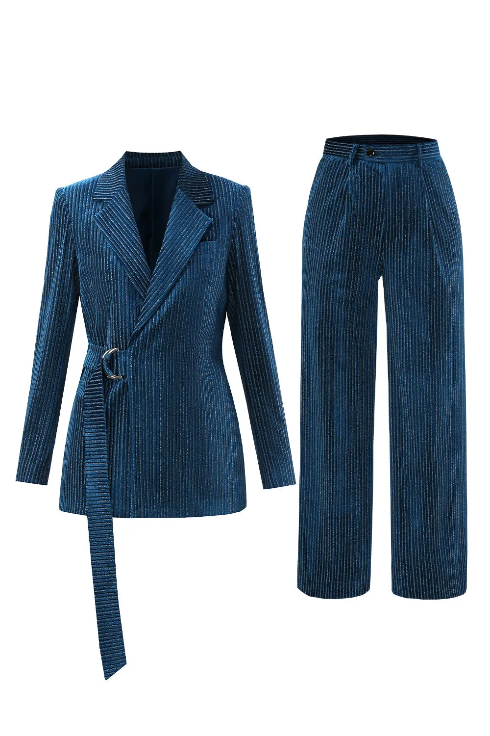 Peacock Blue Stripes Notched Lapel 2 Pieces Suits with Belt sold by Zapaka