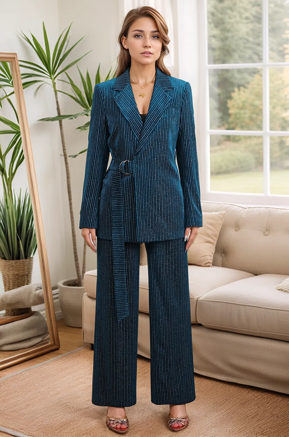 Peacock Blue Notched Lapel 2 Pieces Suits with Belt sold by Zapaka