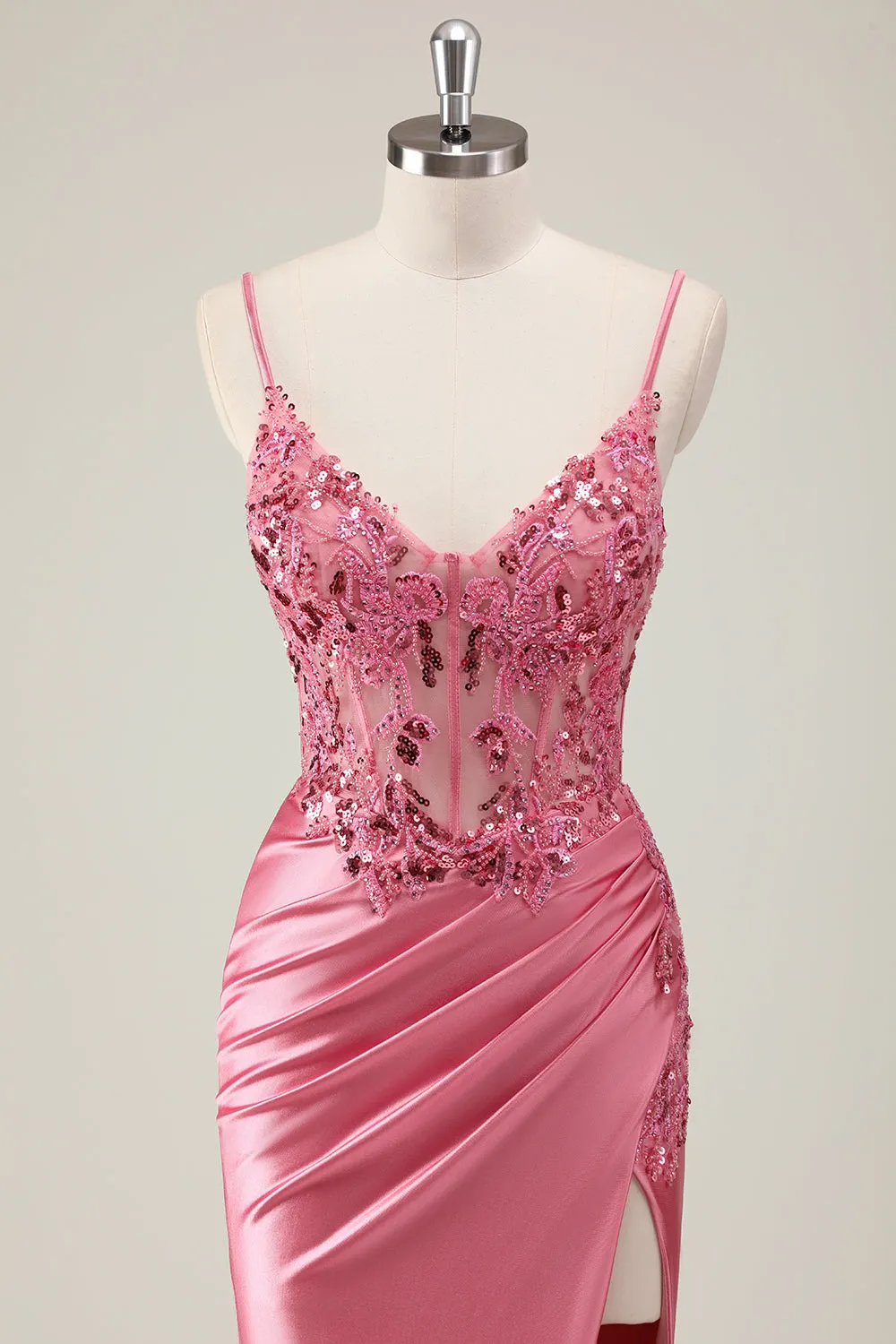 Sparkly Coral Mermaid Sequins Spaghetti Straps Corset Long Prom Dress with Slit sold by Zapaka product image thumbnail 4