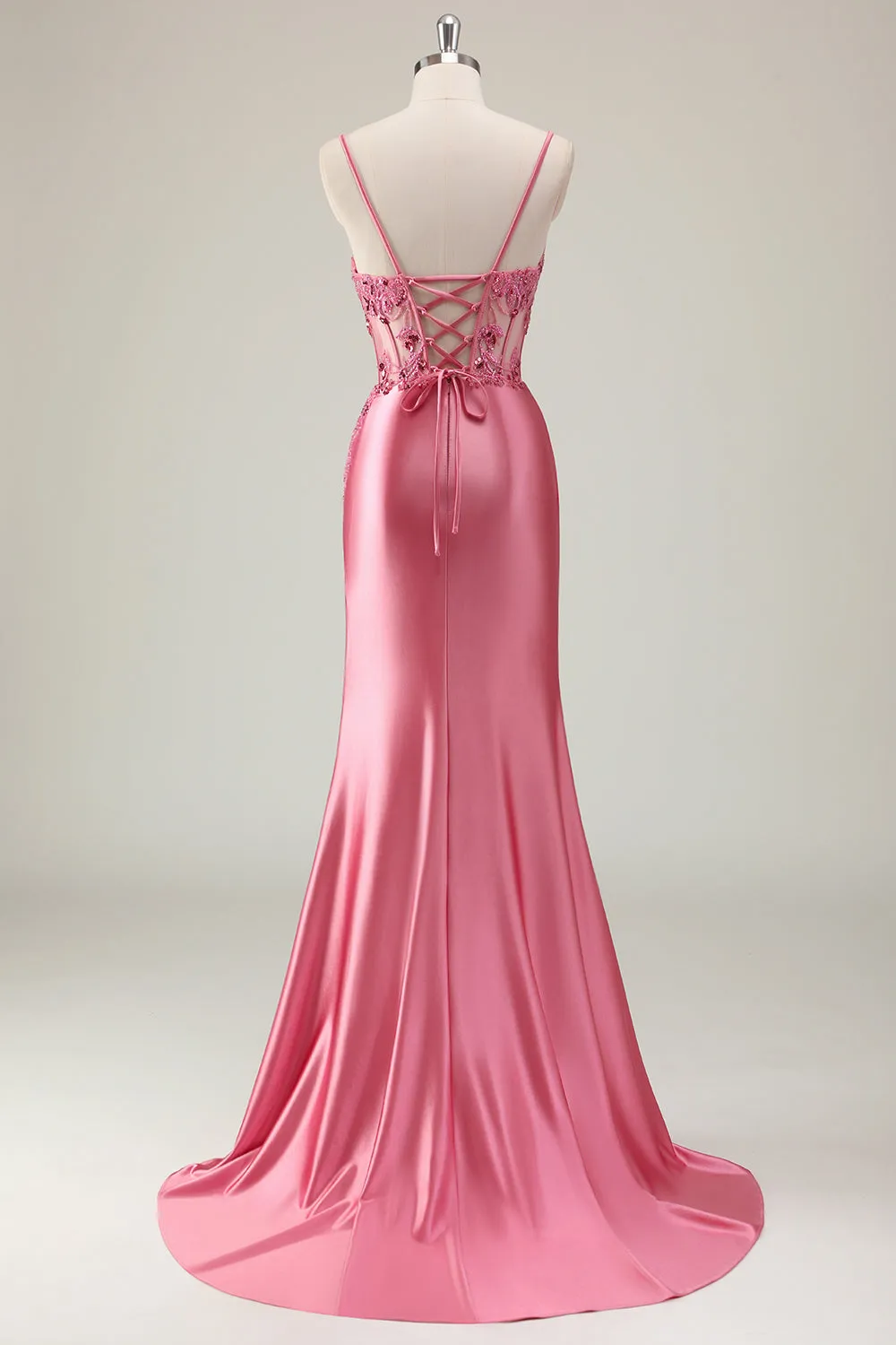 Sparkly Coral Mermaid Sequins Spaghetti Straps Corset Long Prom Dress with Slit sold by Zapaka product image thumbnail 2
