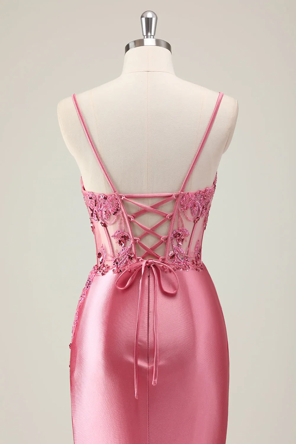 Sparkly Coral Mermaid Sequins Spaghetti Straps Corset Long Prom Dress with Slit sold by Zapaka product image thumbnail 5