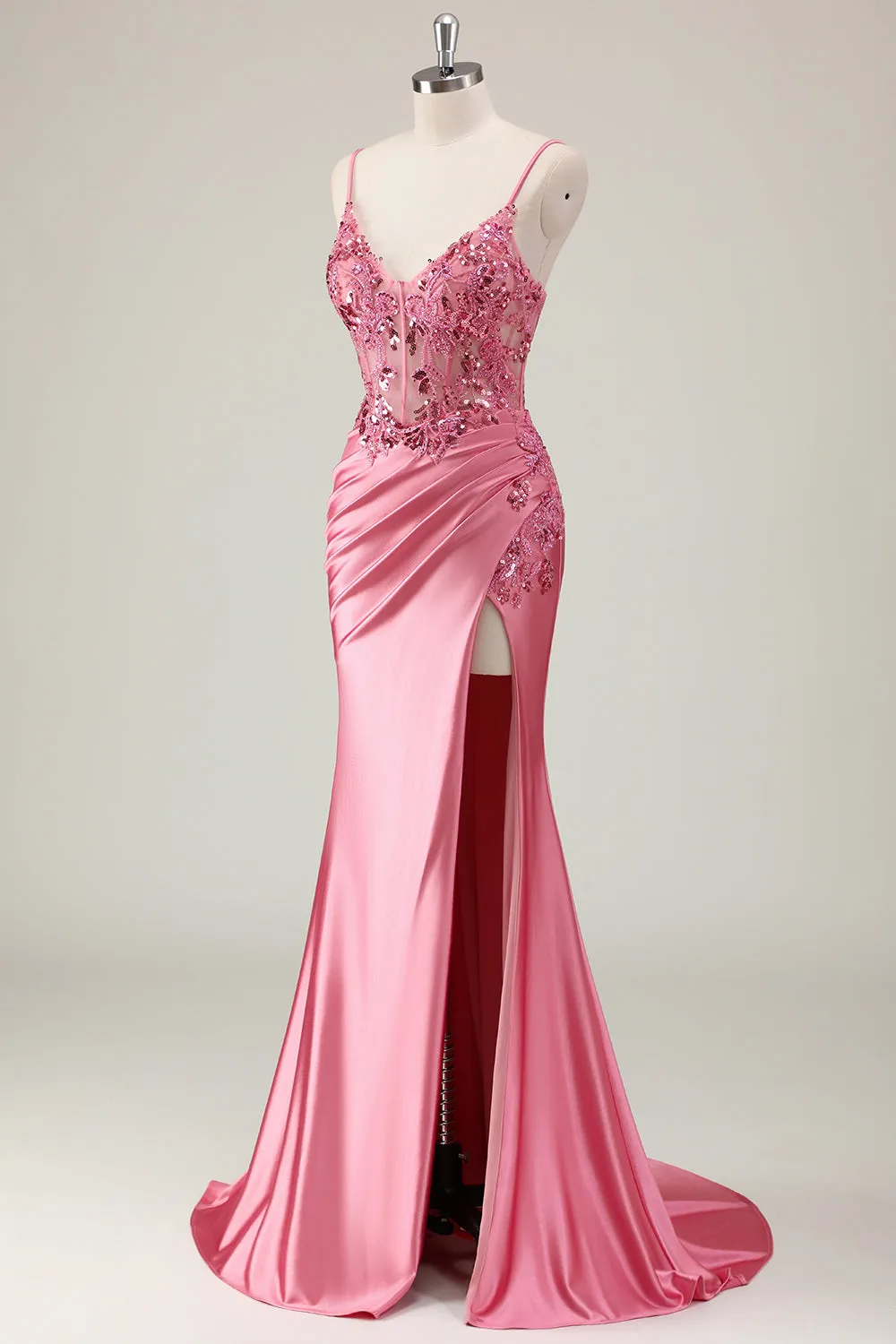 Sparkly Coral Mermaid Sequins Spaghetti Straps Corset Long Prom Dress with Slit sold by Zapaka product image thumbnail 3