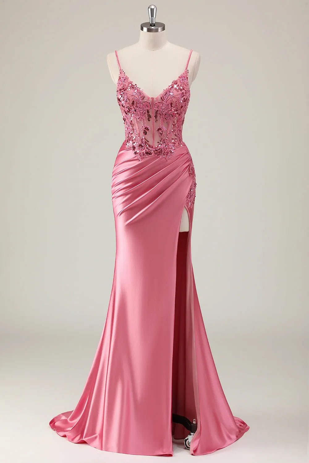 Sparkly Coral Mermaid Sequins Spaghetti Straps Corset Long Prom Dress with Slit sold by Zapaka