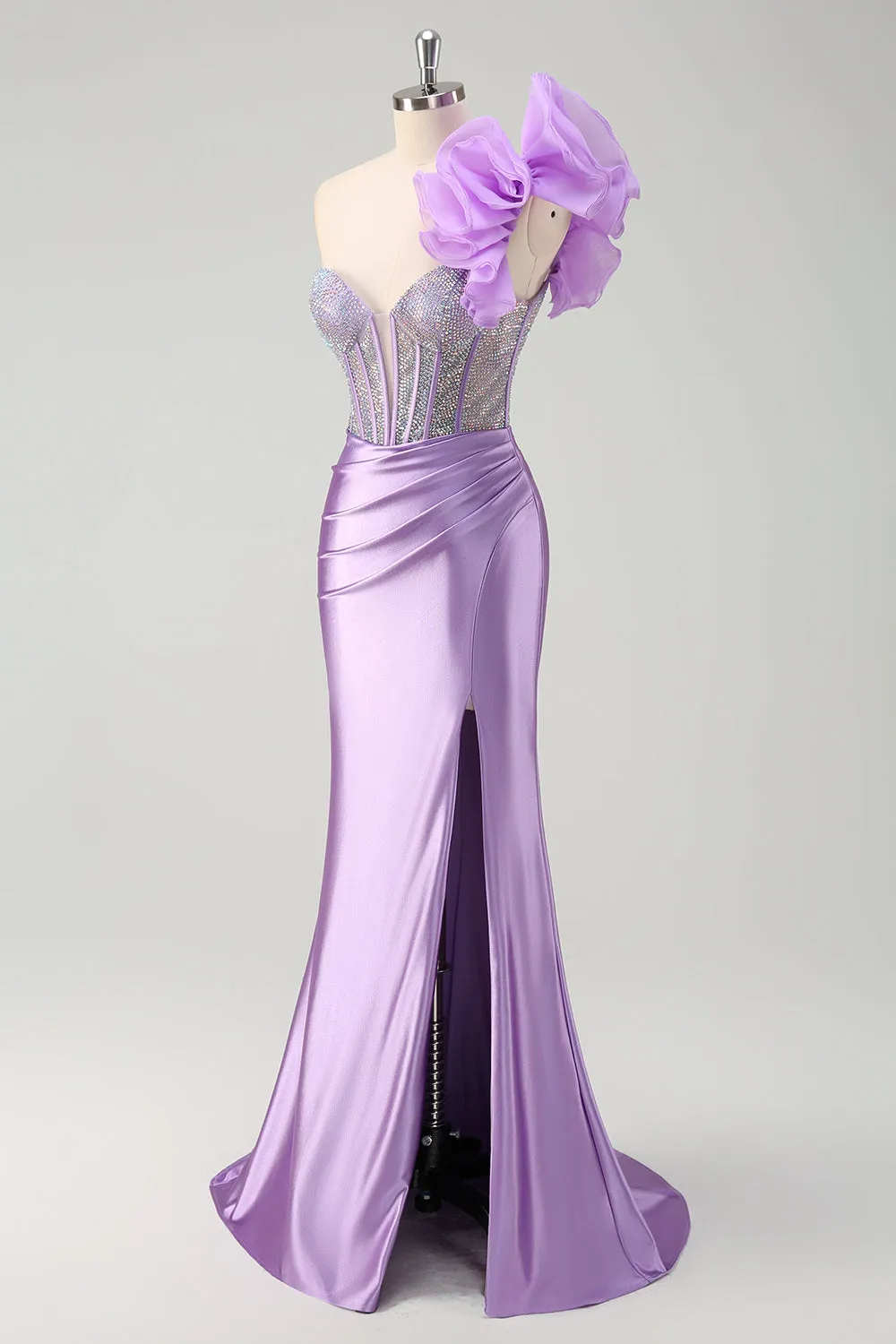 Sparkly Lilac Mermaid Beaded Corset One Shoulder Long Prom Dress with Slit sold by Zapaka product image thumbnail 3