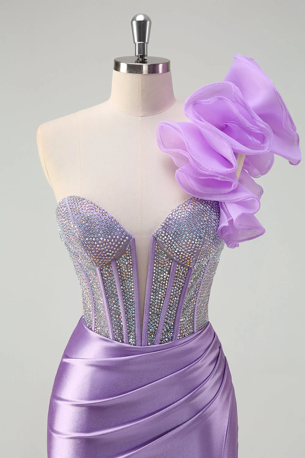 Sparkly Lilac Mermaid Beaded Corset One Shoulder Long Prom Dress with Slit sold by Zapaka product image thumbnail 4