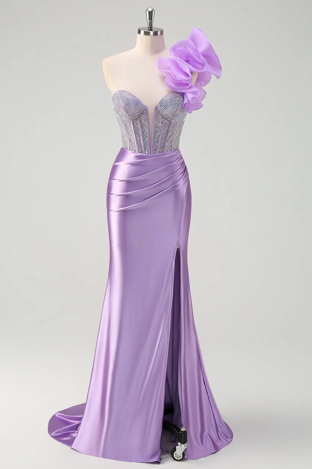 Sparkly Lilac Mermaid Beaded Corset One Shoulder Long Prom Dress with Slit sold by Zapaka