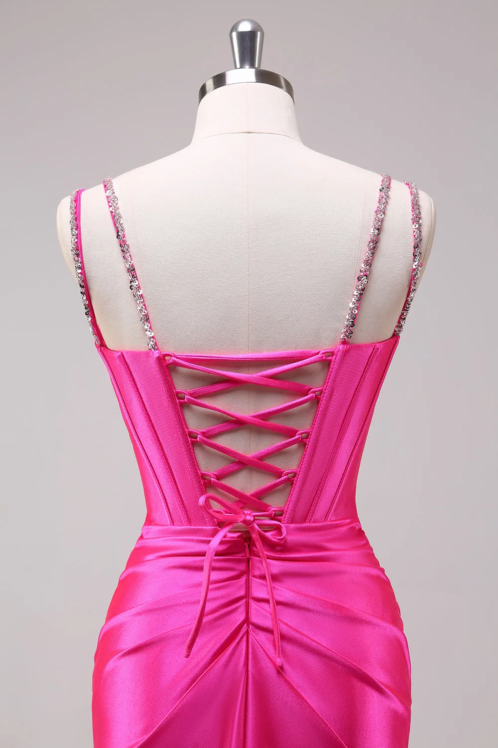 Fuchsia Mermaid Spaghetti Straps Corset Sequin Prom Dress with Slit sold by Zapaka product image thumbnail 5