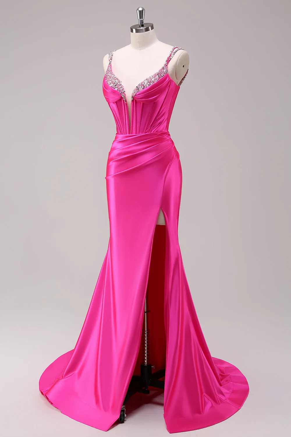 Fuchsia Mermaid Spaghetti Straps Corset Sequin Prom Dress with Slit sold by Zapaka product image thumbnail 3