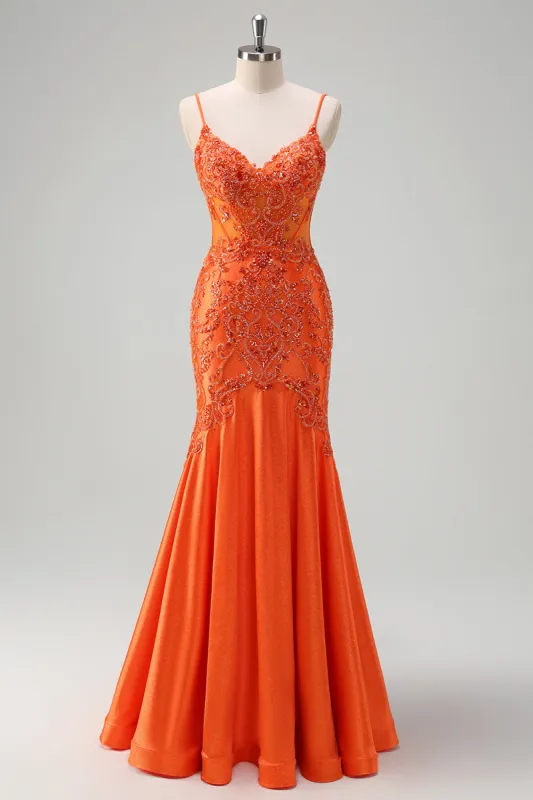 Orange Mermaid Spaghetti Straps Beaded Long Prom Dress sold by Zapaka