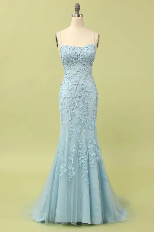 Mermaid Blue Long Prom Dress Backless Evening Dress sold by Zapaka