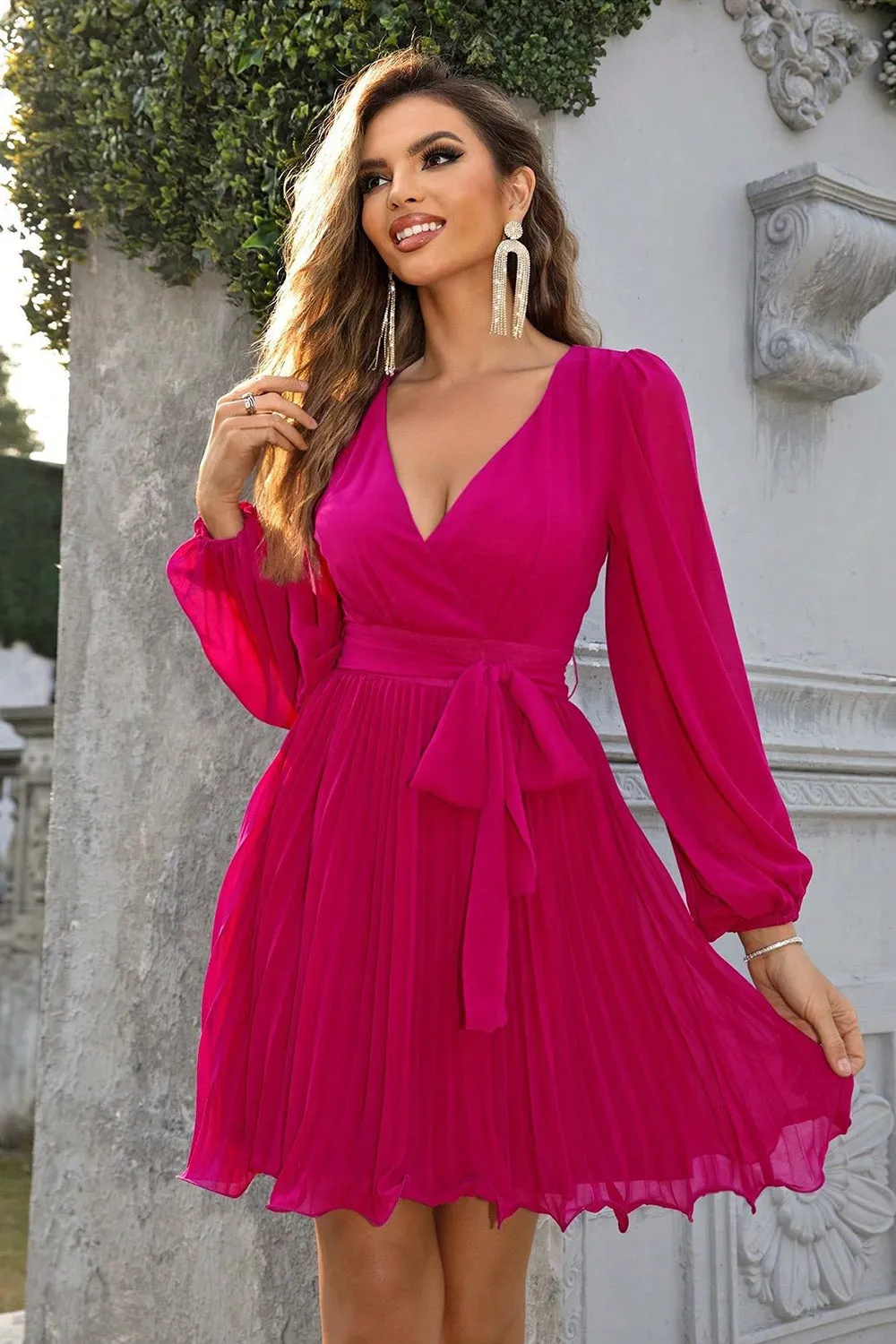 Fuchsia A-line Long Sleeves V-neck Short Party Dress sold by Zapaka product image thumbnail 5