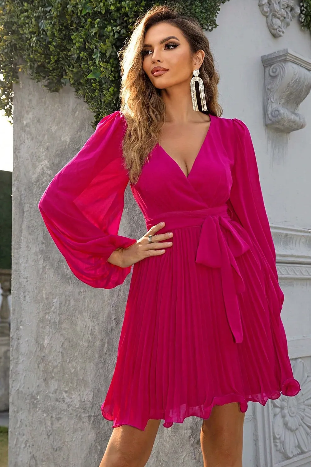 Fuchsia A-line Long Sleeves V-neck Short Party Dress sold by Zapaka product image thumbnail 2