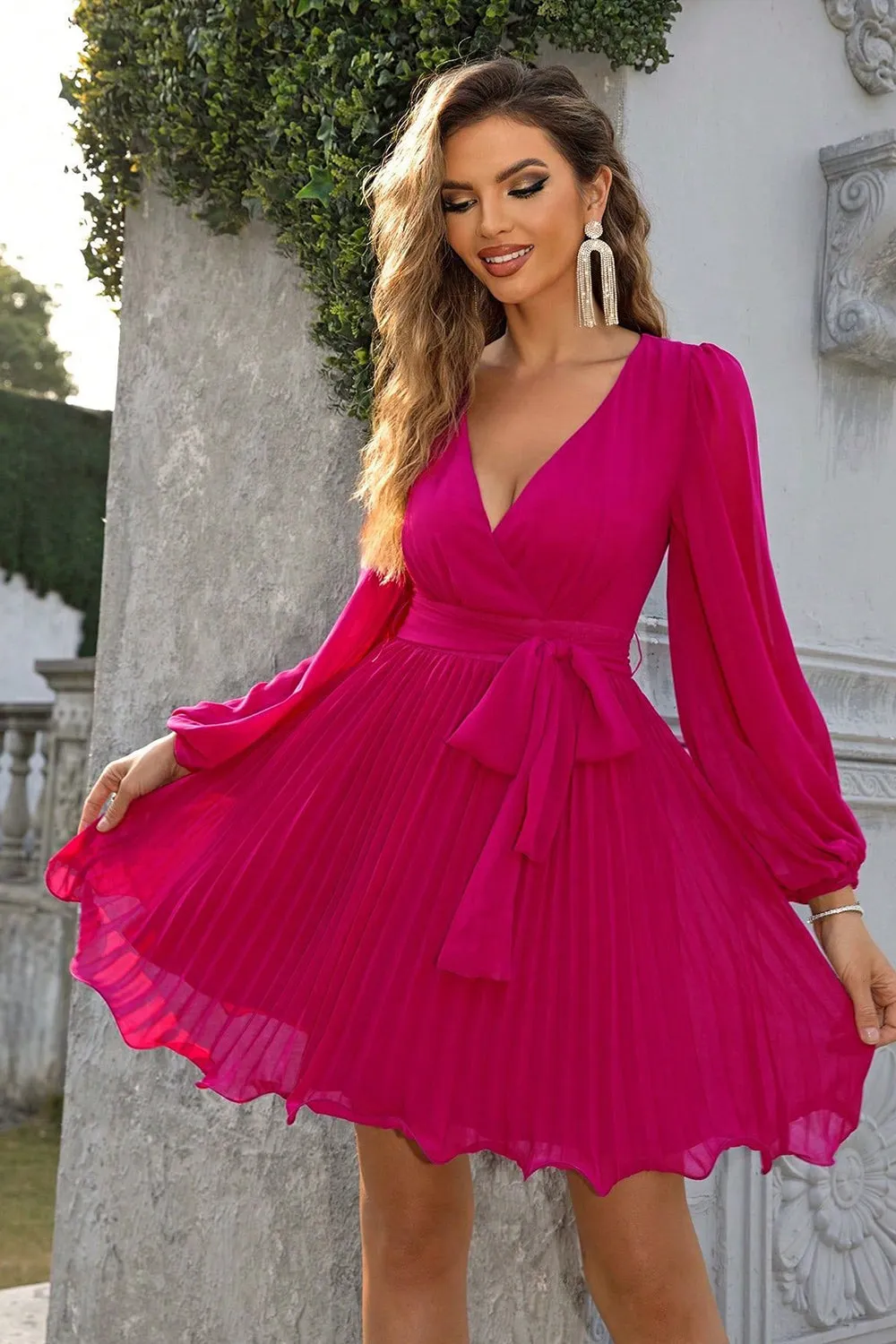 Fuchsia A-line Long Sleeves V-neck Short Party Dress sold by Zapaka product image thumbnail 3