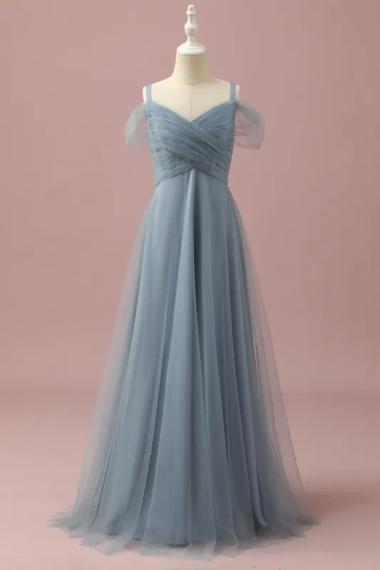 Grey Blue Cold Shoulder Tulle Junior Bridesmaid Dress sold by Zapaka