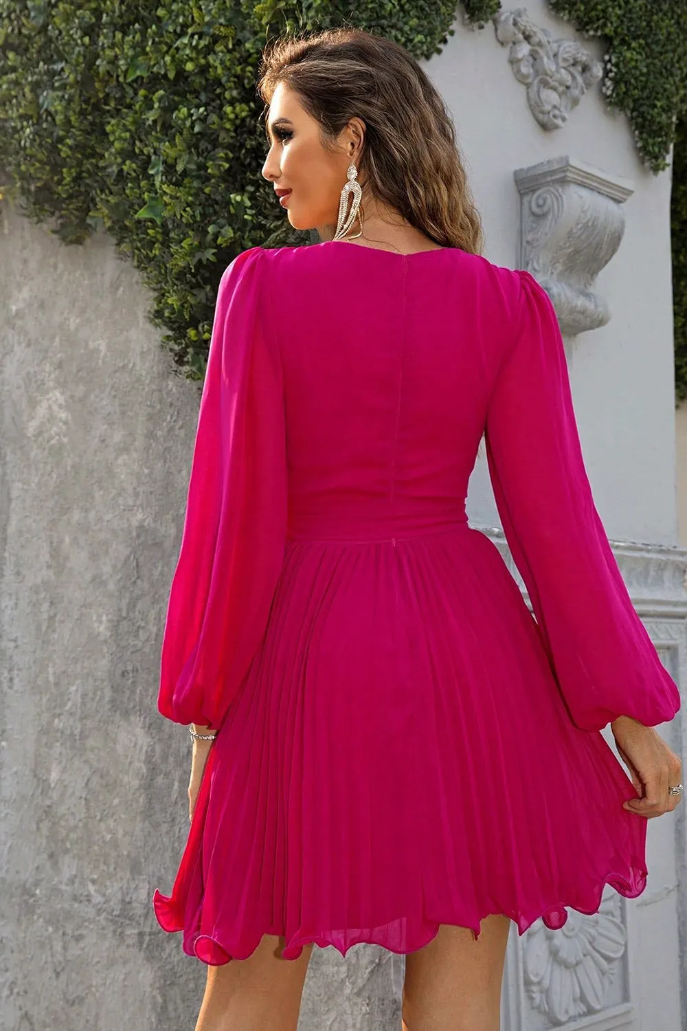 Fuchsia A-line Long Sleeves V-neck Short Party Dress sold by Zapaka product image thumbnail 4