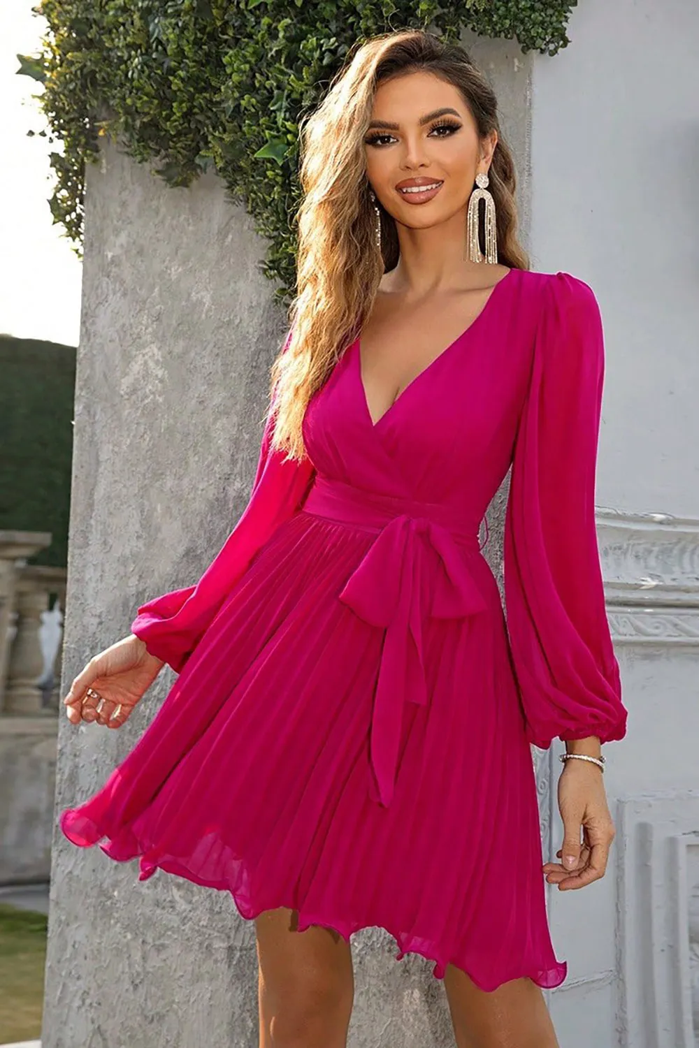 Fuchsia A-line Long Sleeves V-neck Short Party Dress sold by Zapaka
