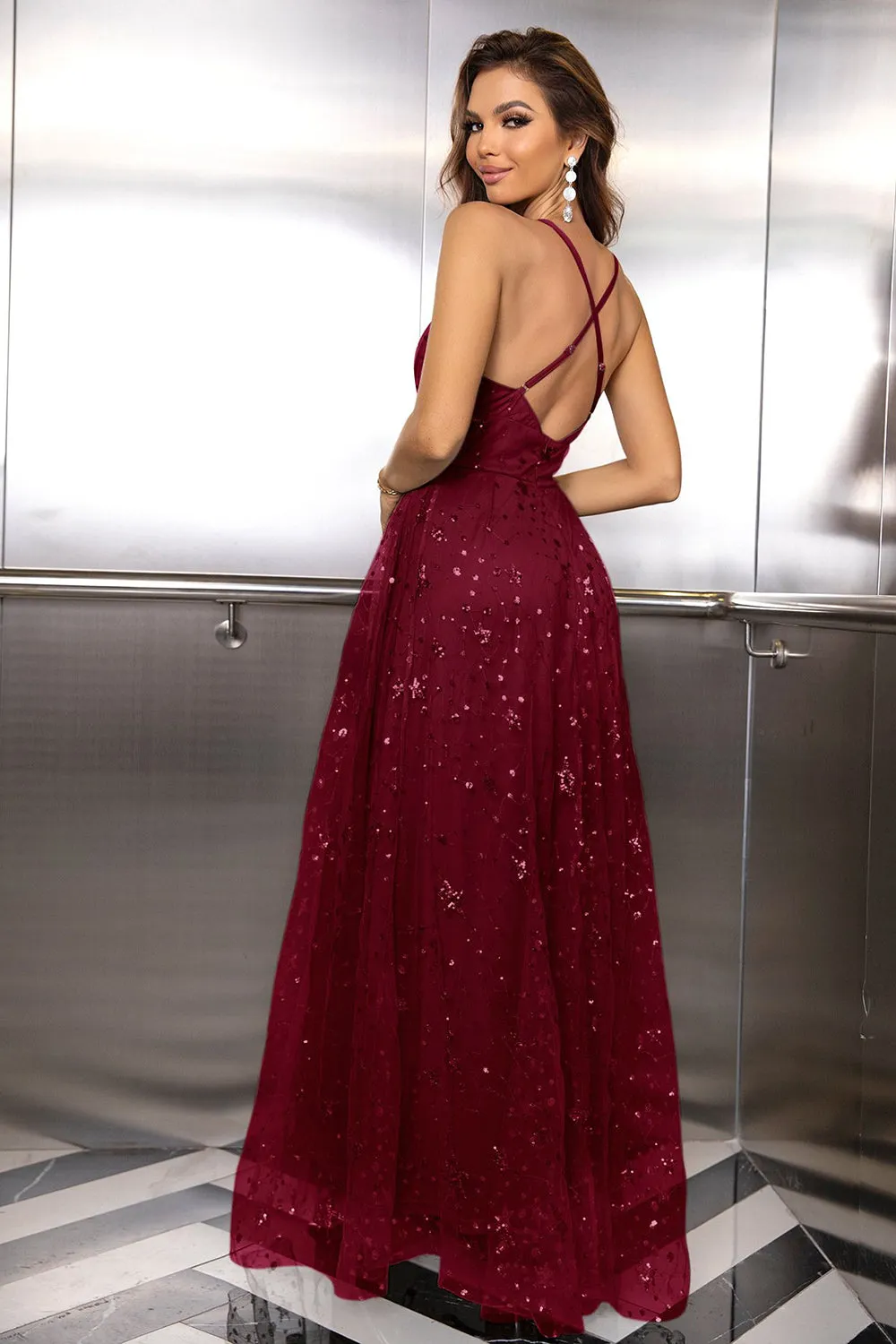 Burgundy Spaghetti Straps Open Back Prom Dress With Slit sold by Zapaka product image thumbnail 2