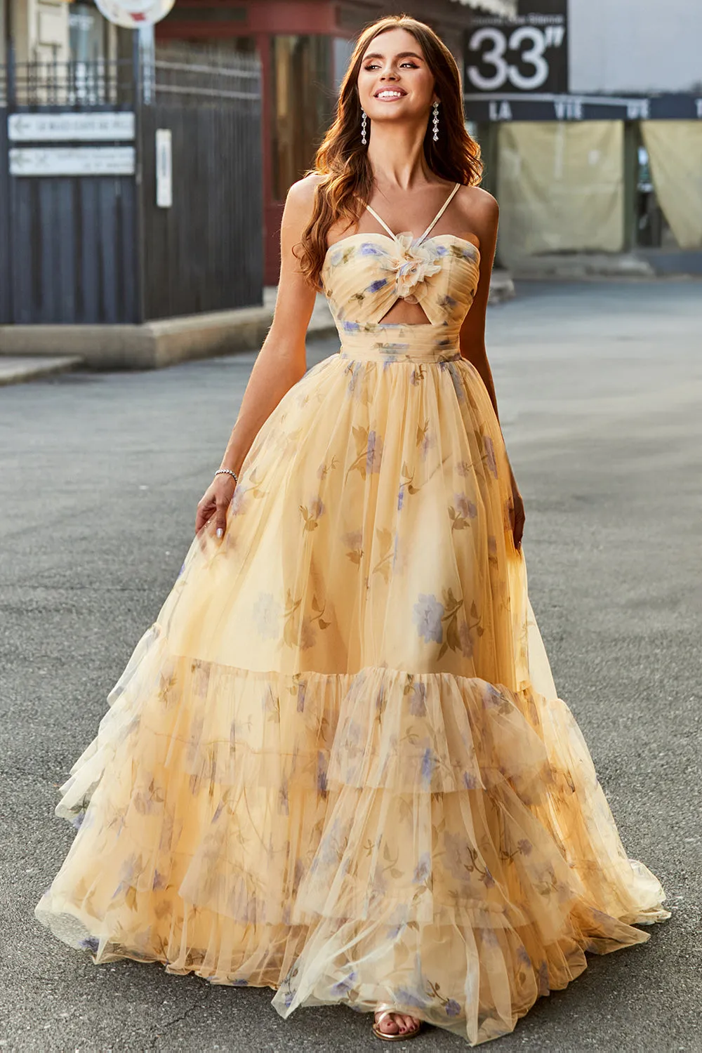 Yellow A-Line Halter Pleated Tulle Tiered Long Prom Dress With Embroidery sold by Zapaka product image thumbnail 4