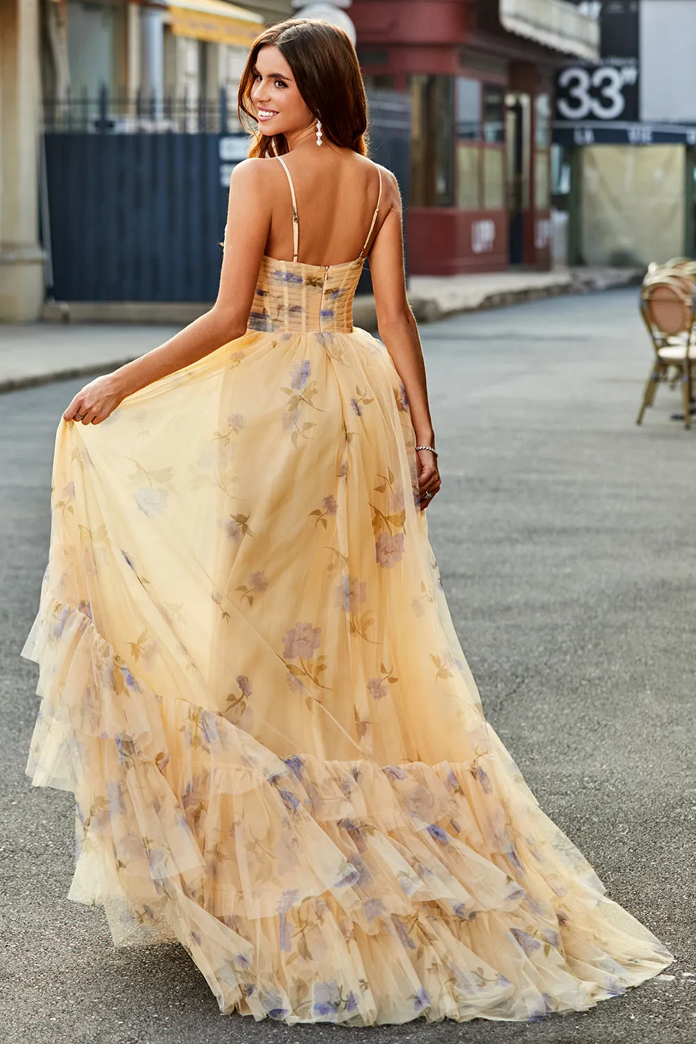 Yellow A-Line Halter Pleated Tulle Tiered Long Prom Dress With Embroidery sold by Zapaka product image thumbnail 2