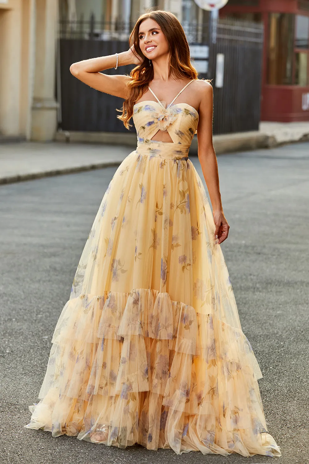 Yellow A-Line Halter Pleated Tulle Tiered Long Prom Dress With Embroidery sold by Zapaka