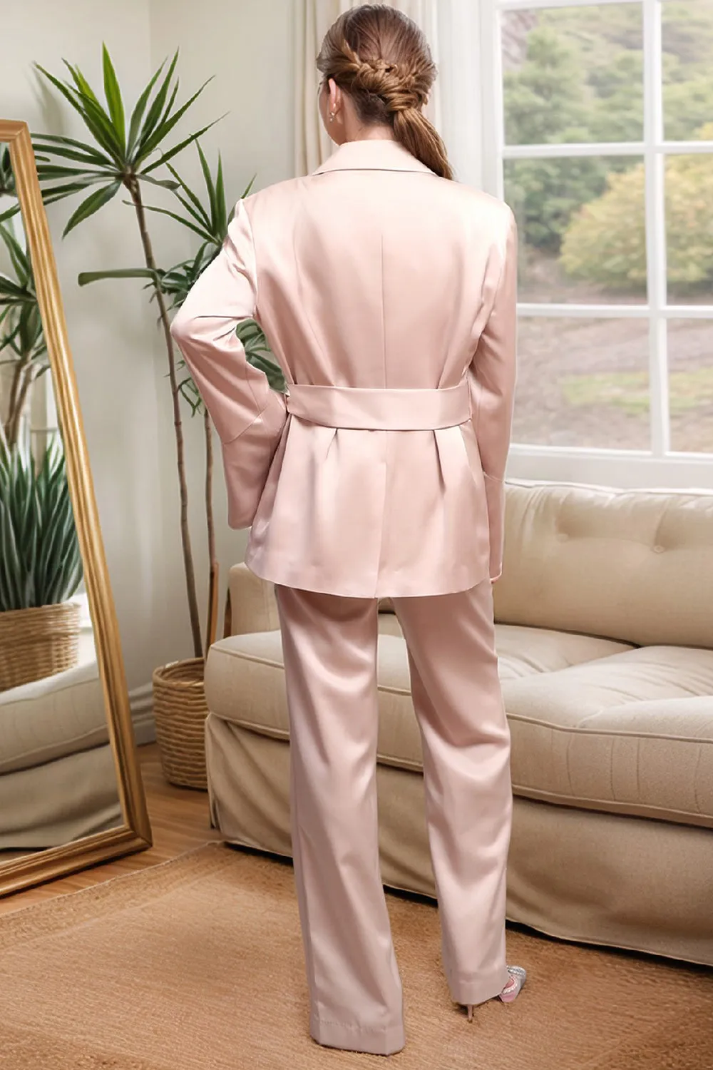 Champagne Double Breasted 2 Piece Women's Party Suits with Belt sold by Zapaka product image thumbnail 2