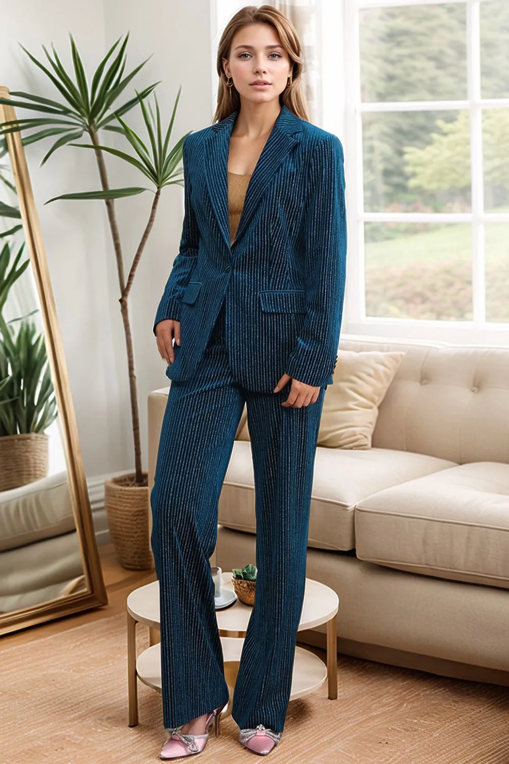 Ink Blue Striped Single Button 2 Piece Women's Prom Suits sold by Zapaka product image thumbnail 4