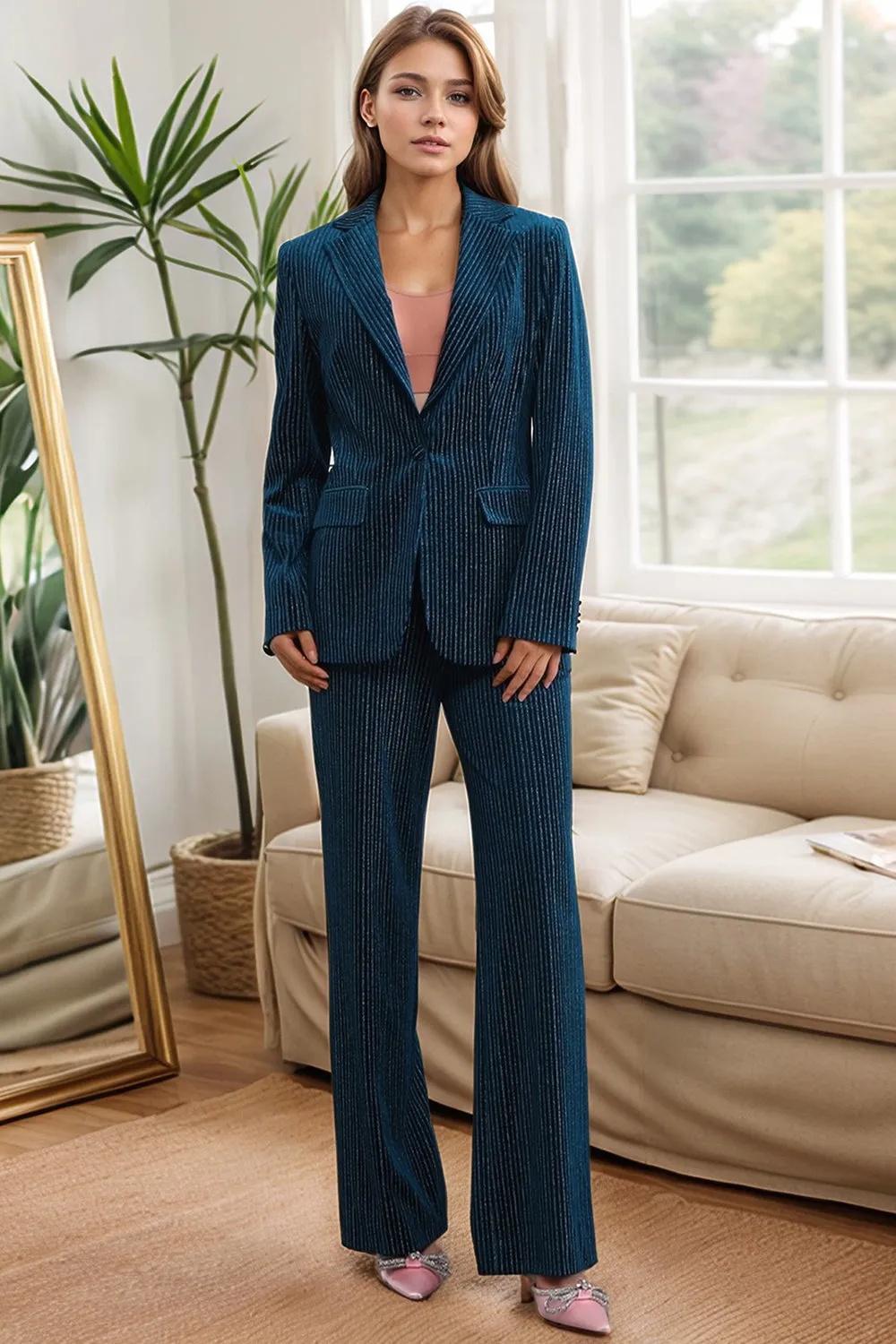 Ink Blue Striped Single Button 2 Piece Women's Prom Suits sold by Zapaka product image thumbnail 5