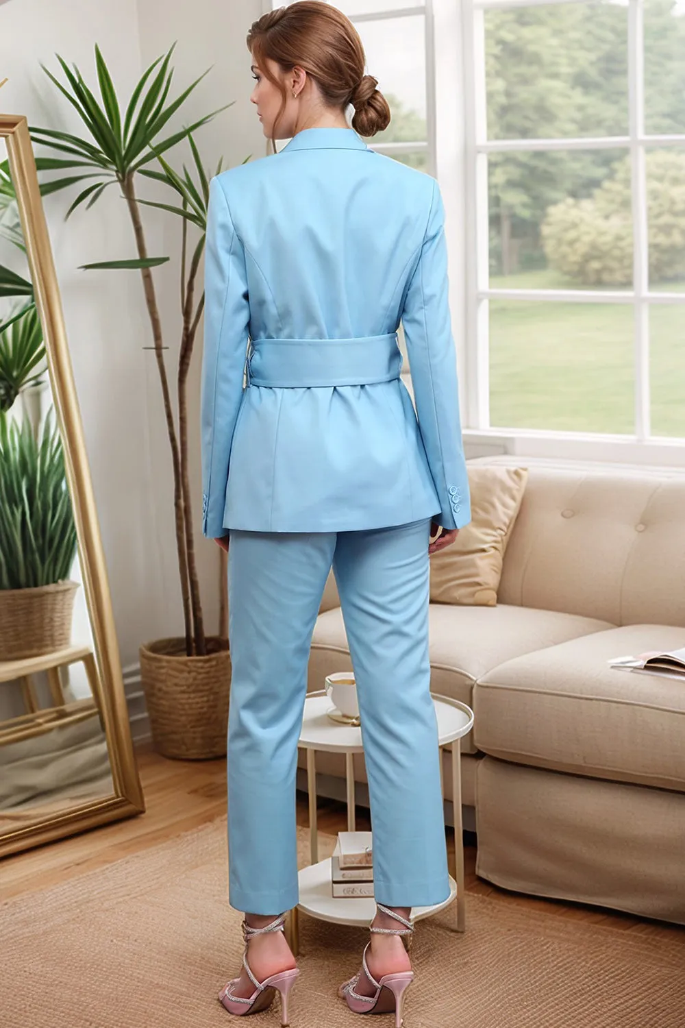 Blue 2 Piece Peak Lapel Women's Suits with Belt sold by Zapaka product image thumbnail 2