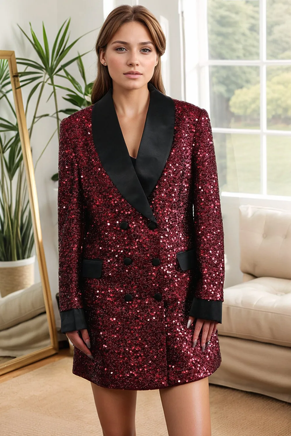 Sparkly Burgundy Bodycon Sequin Maxi Women's Blazer sold by Zapaka